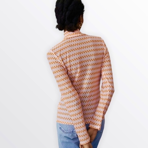 𝅺Anthropologie Maeve Sheer Mesh Turtleneck Top Orange Geometric Print NWT - Picture 13 of 14